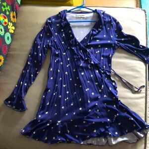 Urban Outfitters Wrap Tie Tunic navy blue with yellow flowers & bell sleeves - M